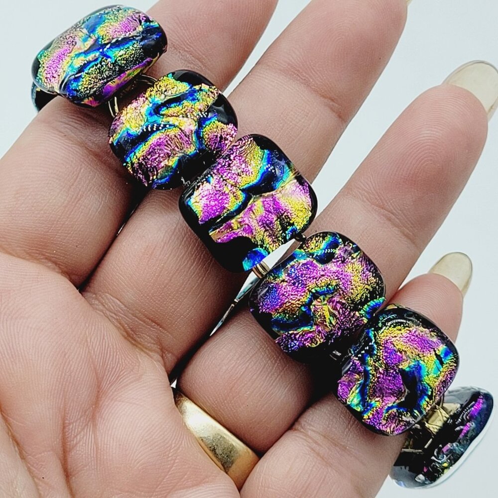 Dichroic Glass 6.25" Bracelet Statement Unique Black Pink Blue Purple Gold